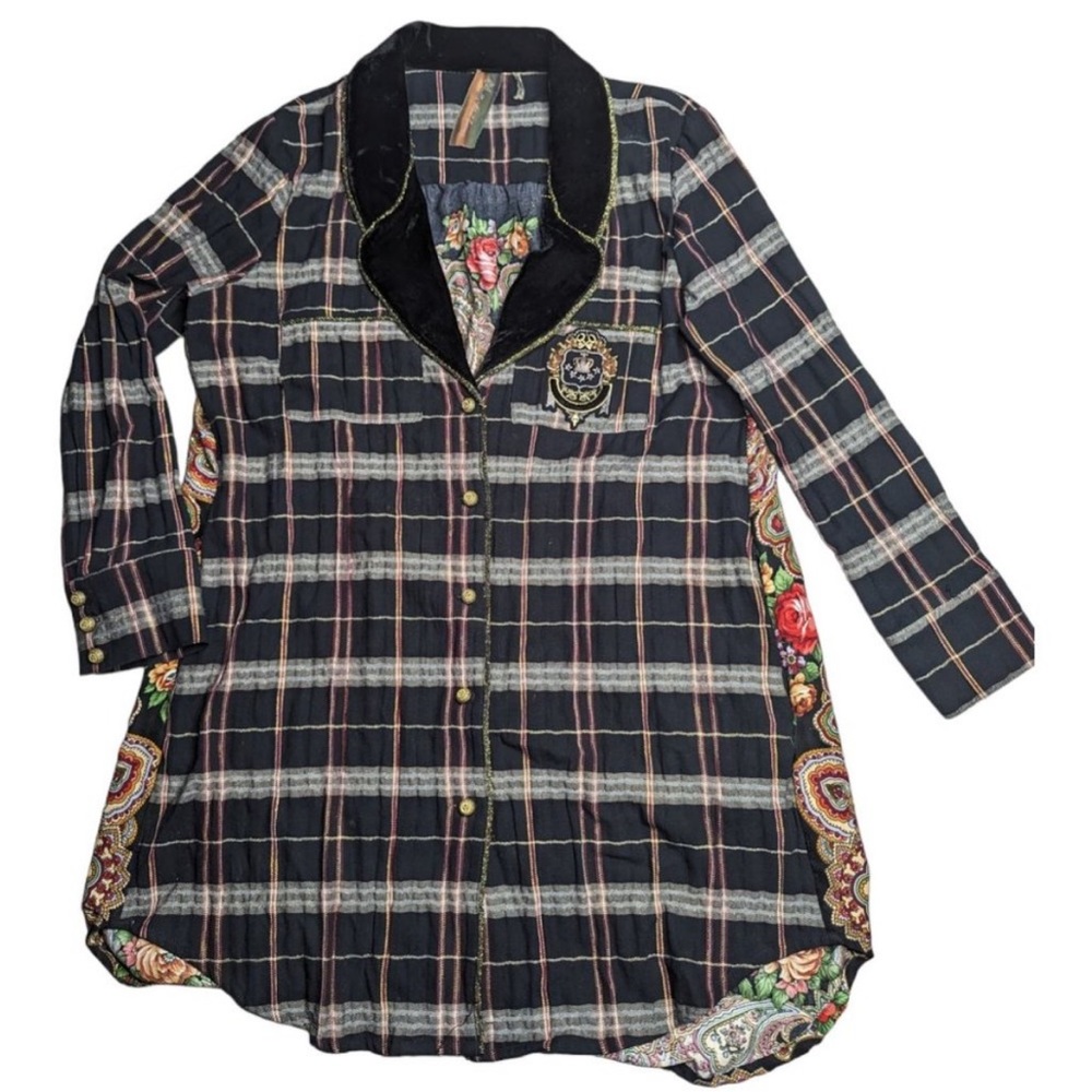 Aratta Black Plaid Long Sleeve Tunic Dress with Floral Trim